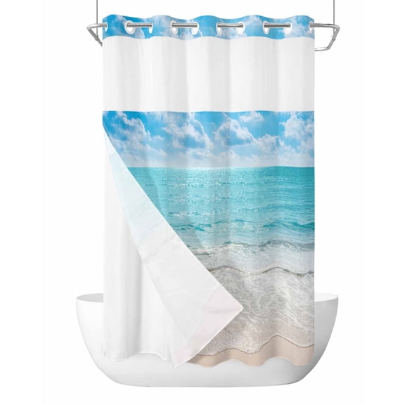 No Hook Shower Curtain with Snap-in Liner, Summer Beach Waterproof Fabric Bathroom Curtains, Blue Coastal Ocean Seaside Nautical Bath Curtains & Mesh Top Window Stand Up Stall Stand Up Stall 36"x72"