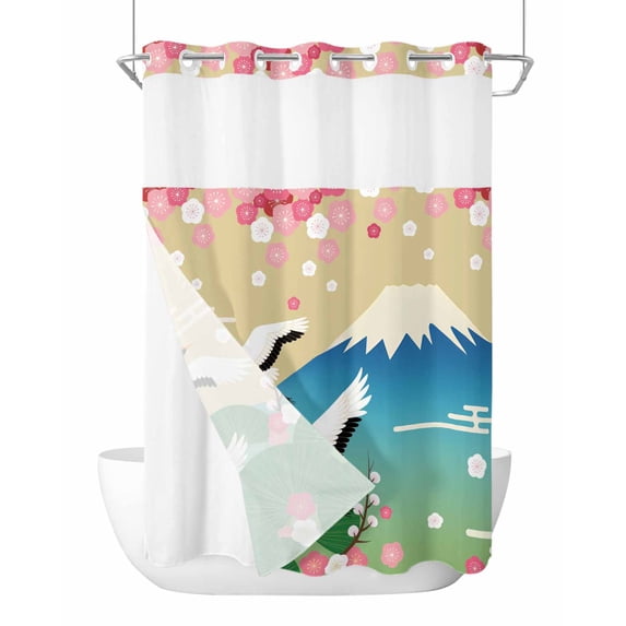 No Hook Shower Curtain with Snap-in Liner, Teal Brown Mountain Waterproof Fabric Bathroom Curtains, Farmhouse Cherry Blossoms Cranes Bath Curtains & Mesh Top Window 72"x96" Extra Long