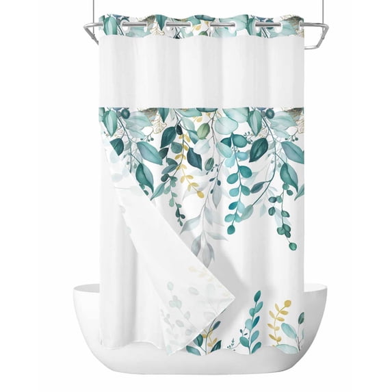 No Hook Shower Curtain with Snap-in Liner, Teal Eucalyptus Waterproof Fabric Bathroom Curtains, Watercolor Spring Weeping Botanical Bath Curtains & Mesh Top Window Narrow 36"x78"
