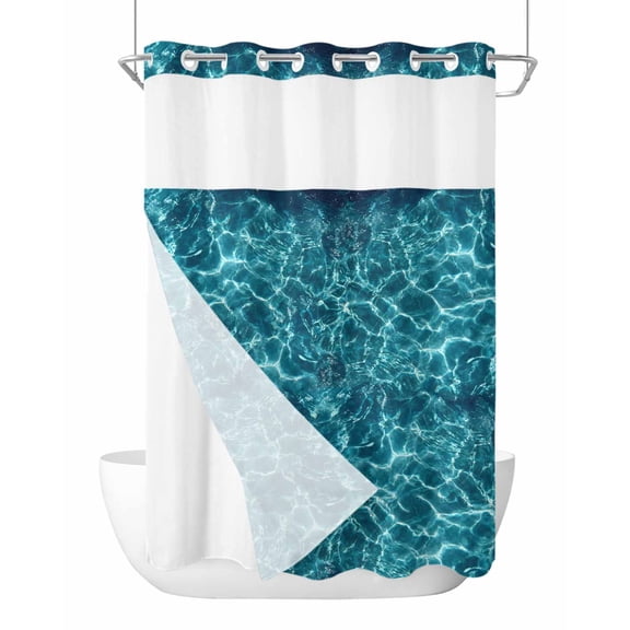No Hook Shower Curtain with Snap-in Liner, Teal Green Ocean Waves Waterproof Fabric Bathroom Curtains, Summer Sea Pool Bath Curtains & Mesh Top Window 60"x72"