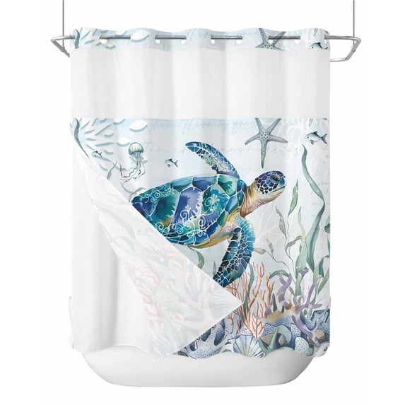 No Hook Shower Curtain with Snap-in Liner, Teal Sea Turtle Coastal Waterproof Fabric Bathroom Curtains, Summer Beach Ocean Coral Bath Curtains & Mesh Top Window Standard 72''x72''