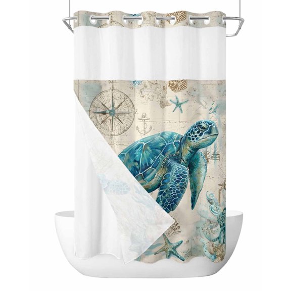 No Hook Shower Curtain with Snap-in Liner, Teal Sea Turtle Coastal Waterproof Fabric Bathroom Curtains, Vintage Summer Beach Nautical Bath Curtains & Mesh Top Window Narrow 36"x78"