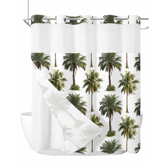No Hook Shower Curtain with Snap-in Liner, Tropical Trees Waterproof Fabric Bathroom Curtains, Summer Palm Trees Botanical Vintage Green Bath Curtains & Mesh Top Window Standard 72"x72"