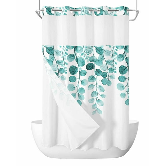 No Hook Shower Curtain with Snap-in Liner, Turquoise Eucalyptus Leaves Waterproof Fabric Bathroom Curtains, Watercolor Floral Leaf Bath Curtains & Mesh Top Window Stand Up Stall 36"x72"