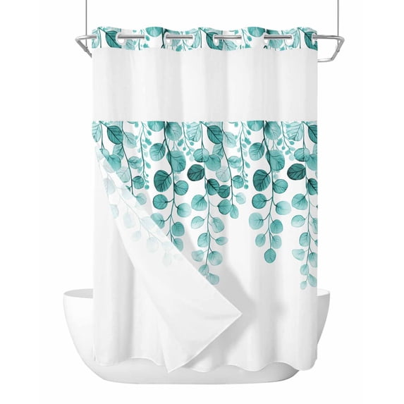 No Hook Shower Curtain with Snap-in Liner, Turquoise Eucalyptus Leaves Waterproof Fabric Bathroom Curtains, Watercolor Floral Leaf Bath Curtains & Mesh Top Window 72"x84" Long