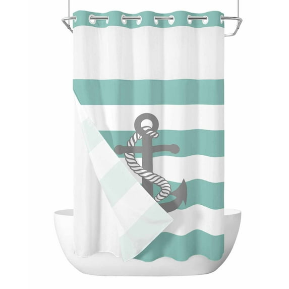 No Hook Shower Curtain with Snap-in Liner, Turquoise Stripe Nautical Waterproof Fabric Bathroom Curtains, Grey Anchor Summer Coastal Bath Curtains & Mesh Top Window Stand Up Stall 36"x72"
