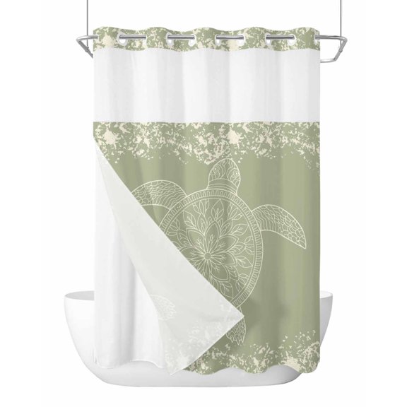 No Hook Shower Curtain with Snap-in Liner, Turtle Green Waterproof Fabric Bathroom Curtains, Coastal Ocean Boho Flower Retro Mottled Bath Curtains & Mesh Top Window 60"x72"