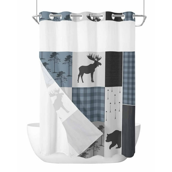 No Hook Shower Curtain with Snap-in Liner, Vintage Pliad Waterproof Fabric Bathroom Curtains, Farmhouse Bear Deer Trees Forest Checked Bath Curtains & Mesh Top Window Stall 48"x72"