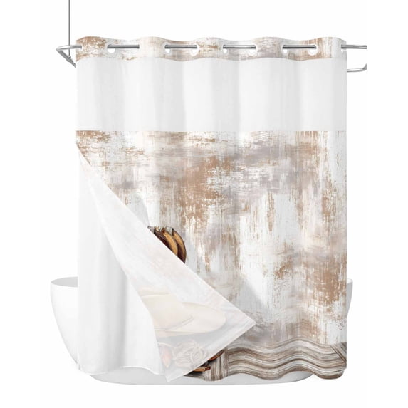 No Hook Shower Curtain with Snap-in Liner, Western Cowboy Boots Waterproof Fabric Bathroom Curtains, Vintage Country Brown Wooden Bath Curtains & Mesh Top Window 72"x78" Long