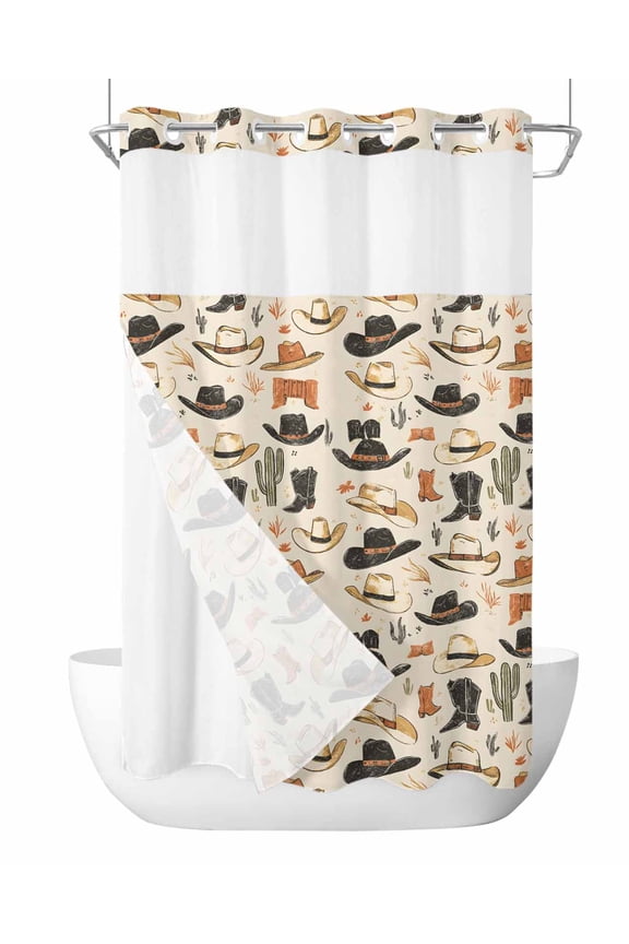 No Hook Shower Curtain with Snap-in Liner, Western Cowboy Waterproof Fabric Bathroom Curtains, Country Vintage Art Boots Desert Bath Curtains & Mesh Top Window Stand Up Stall 54"x78"
