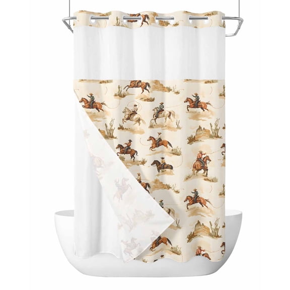 No Hook Shower Curtain with Snap-in Liner, Western Cowboy Waterproof Fabric Bathroom Curtains, Vintage Country Horse Plants Art Bath Curtains & Mesh Top Window Stand Up Stall Stand Up Stall 36"x72"