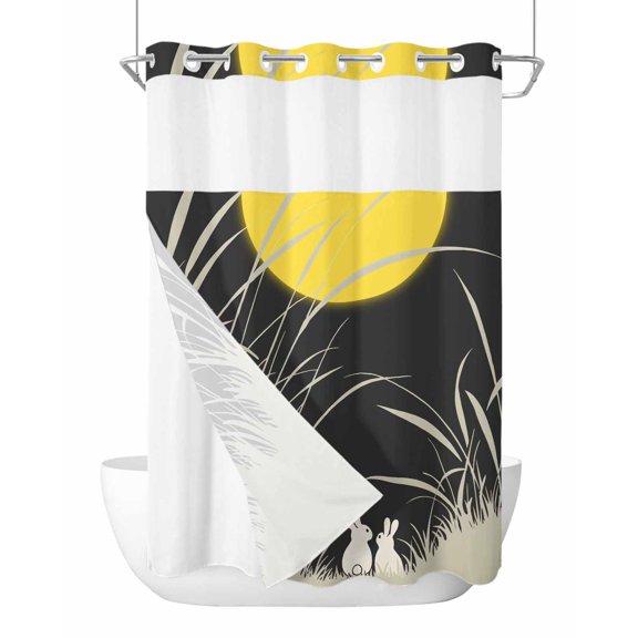 No Hook Shower Curtain with Snap-in Liner, Yellow Moonlight Waterproof Fabric Bathroom Curtains, Modern Rustic Rabbits Botanical Bath Curtains & Mesh Top Window 60"x72"