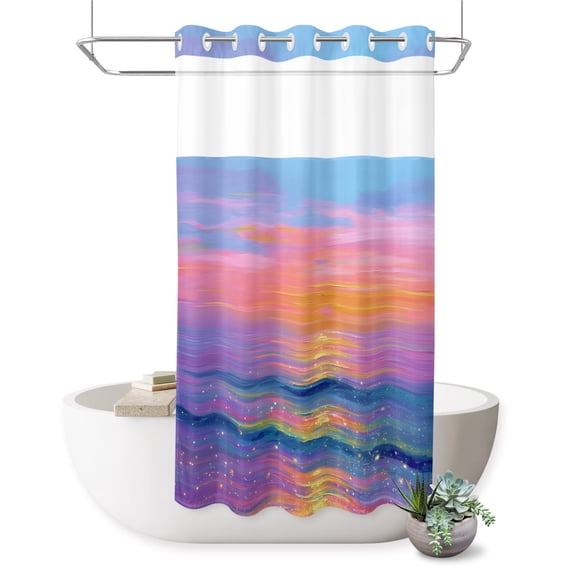 No Hook Shower Curtain, Sparkling Sea Shower Curtains for Bathroom with See Through Top Window, Summer Beach Abstract Fantasy Art Waterproof & Washable Bath Curtain Narrow 54"x78"
