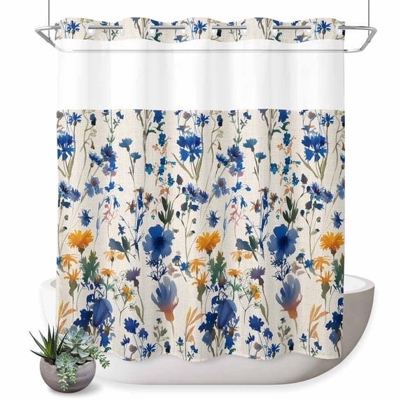 No Hook Shower Curtain, Spring Blue Flowers Shower Curtains for Bathroom with See Through Top Window, Vintage Floral Botanical Rustic Garden Waterproof & Washable Bath Curtain Standard 72"x72"