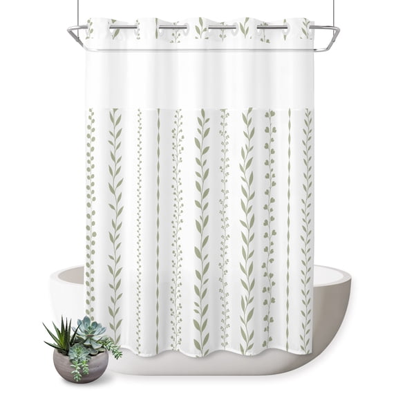 No Hook Shower Curtain, Spring Botanical Shower Curtains for Bathroom with See Through Top Window, Modern Simple Floral Stripes Sage Green Waterproof & Washable Bath Curtain Extra Long 72"x84"
