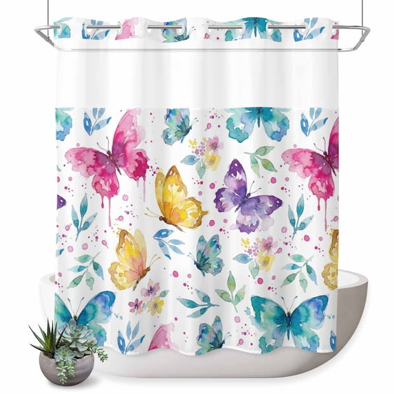 No Hook Shower Curtain, Spring Colorful Butterflies Shower Curtains for Bathroom with See Through Top Window, Spring Floral Art Decor Waterproof & Washable Bath Curtain Long 72"x78"