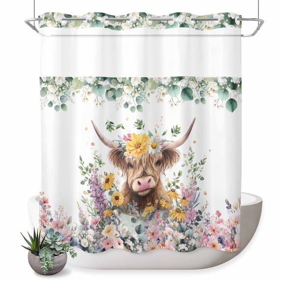No Hook Shower Curtain, Spring Cow Floral Shower Curtains for Bathroom with See Through Top Window, Green Eucalyptus Leaves Botanical Waterproof & Washable Bath Curtain Standard 72"x72"