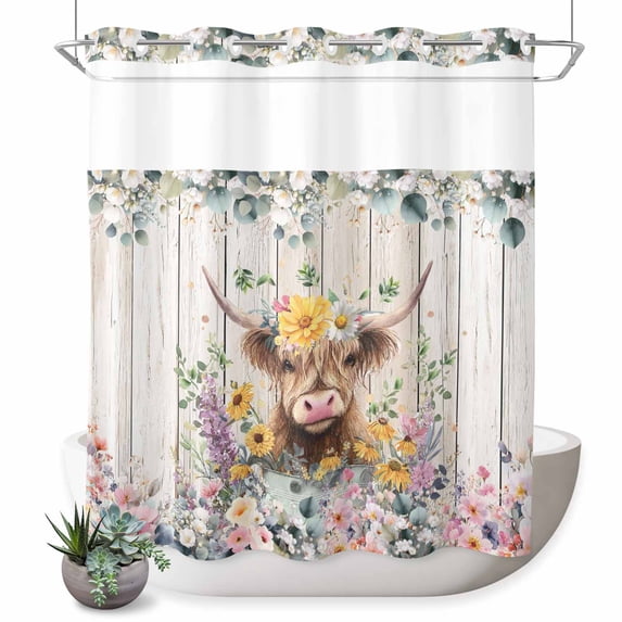 No Hook Shower Curtain, Spring Cow Floral Shower Curtains for Bathroom with See Through Top Window, Green Eucalyptus Leaves Grey Wooden Waterproof & Washable Bath Curtain 66"x72"