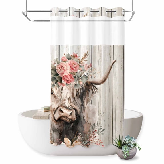 No Hook Shower Curtain, Spring Cow Floral Shower Curtains for Bathroom with See Through Top Window, Grey Wooden Farmhouse Waterproof & Washable Bath Curtain Stand Up Stall 36"x72"