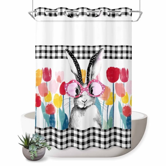 No Hook Shower Curtain, Spring Easter Shower Curtains for Bathroom with See Through Top Window, Colorful Flowers Tulips Bunny Lattice Waterproof & Washable Bath Curtain Extra Long 72"x96"