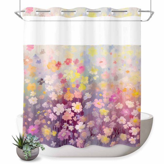 No Hook Shower Curtain, Spring Floral Shower Curtains for Bathroom with See Through Top Window, Modern Oil Painted Daisy Botanical Elegant Waterproof & Washable Bath Curtain 66"x72"