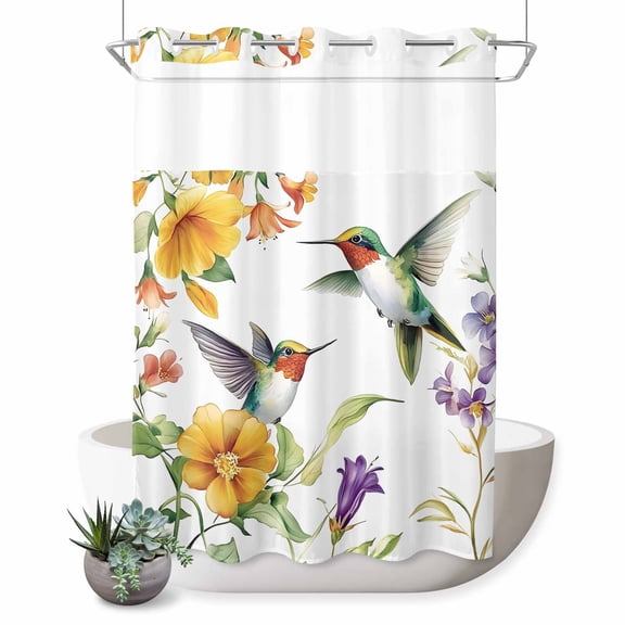 No Hook Shower Curtain, Spring Floral Shower Curtains for Bathroom with See Through Top Window, Summer Botanical Birds Vintage Waterproof & Washable Bath Curtain 60"x72"