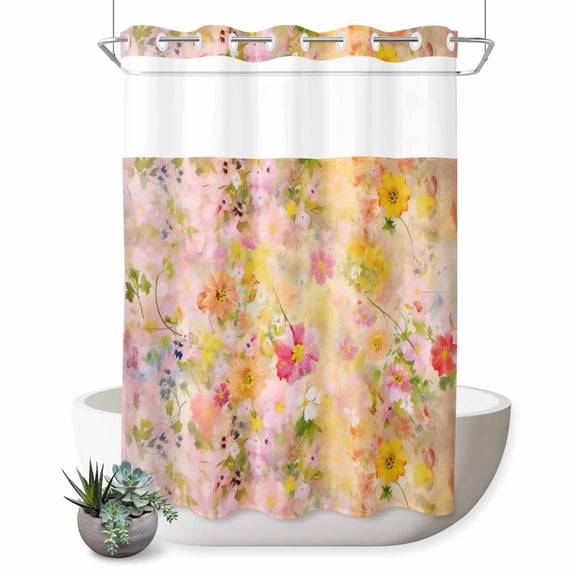 No Hook Shower Curtain, Spring Floral Shower Curtains for Bathroom with See Through Top Window, Watercolor Elegant Summer Flowers Botanical Waterproof & Washable Bath Curtain 60"x72"