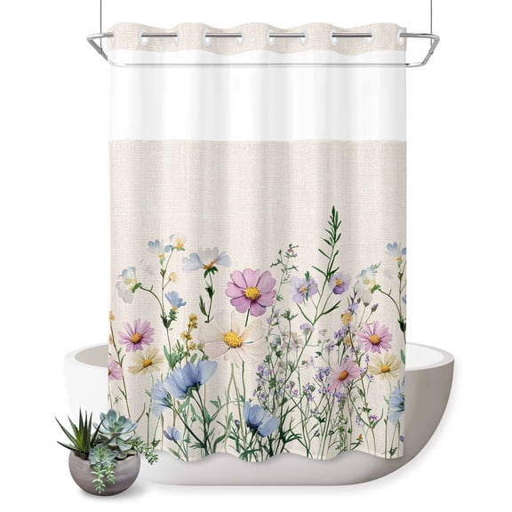 No Hook Shower Curtain, Spring Floral Shower Curtains for Bathroom with See Through Top Window, Watercolor Herbs Summer Botanical Rustic Waterproof & Washable Bath Curtain 60"x72"