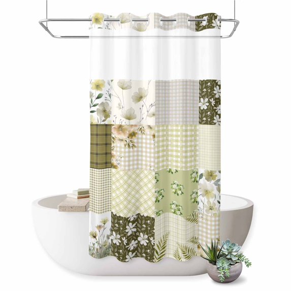 No Hook Shower Curtain, Spring Floral Shower Curtains for Bathroom with See Through Top Window, Yellow Flowers Botanical Patchwork Grid Bohemia Waterproof & Washable Bath Curtain Narrow 54"x78"