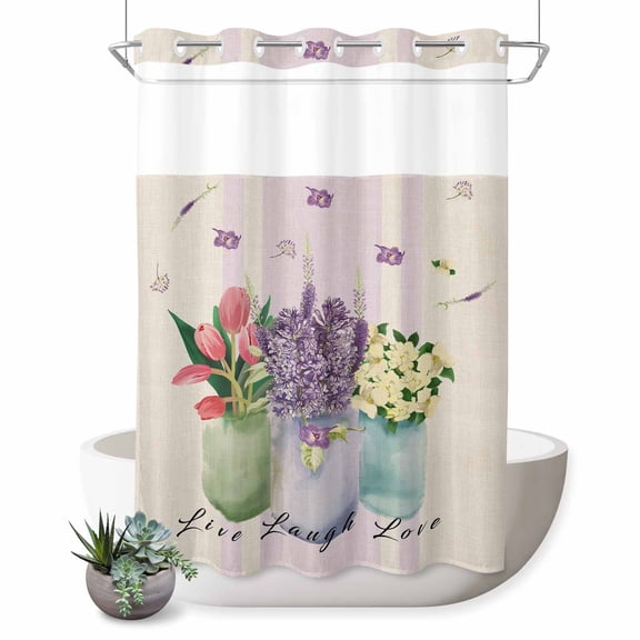 No Hook Shower Curtain, Spring Floral Tulip Shower Curtains for Bathroom with See Through Top Window, Lavender Jasmine Vase Waterproof & Washable Bath Curtain 60"x72"