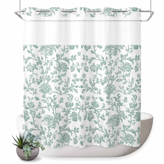 No Hook Shower Curtain, Spring Flower Shower Curtains for Bathroom with See Through Top Window, Vintage Farmhouse Turquoise Boho Leaf Waterproof & Washable Bath Curtain Long 72"x78"