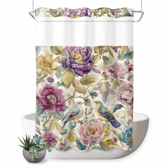 No Hook Shower Curtain, Spring Flowers Shower Curtains for Bathroom with See Through Top Window, Farmhouse Botanical Blossom Floral Birds Waterproof & Washable Bath Curtain Extra Long 72"x84"