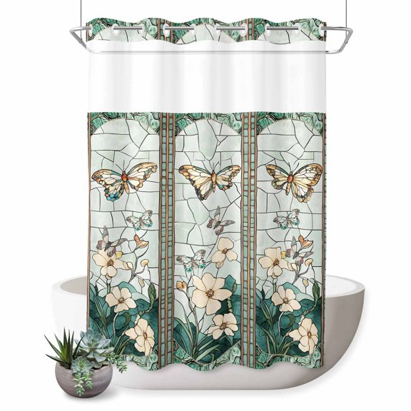 No Hook Shower Curtain, Spring Shower Curtains for Bathroom with See Through Top Window, Butterfly Summer Botanical Flower Waterproof & Washable Bath Curtain 60"x72"