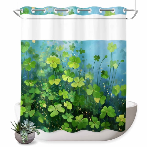 No Hook Shower Curtain, St. Patrick's Day Shower Curtains for Bathroom with See Through Top Window, Farmhouse Spring Green Clovers Plants Waterproof & Washable Bath Curtain 66"x72"