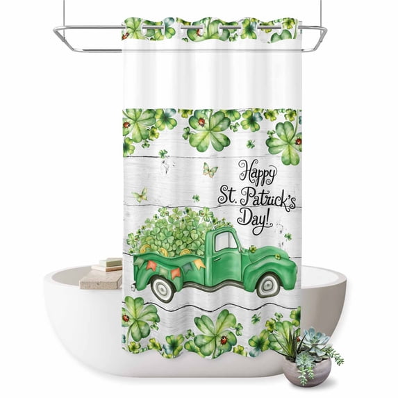 No Hook Shower Curtain, St. Patrick's Day Shower Curtains for Bathroom with See Through Top Window, Green Shamrocks Truck Farmhouse Wood Waterproof & Washable Bath Curtain Stand Up Stall 36"x72"