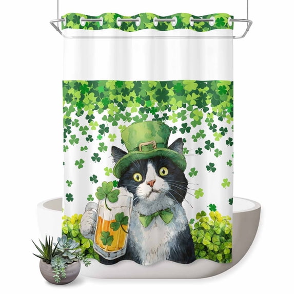 No Hook Shower Curtain, St. Patrick's Day Shower Curtains for Bathroom with See Through Top Window, Spring Cute Cat Beer Green Clovers Waterproof & Washable Bath Curtain Stall 48"x72"