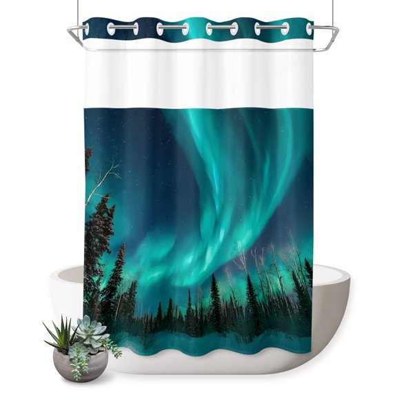 No Hook Shower Curtain, Star Sky Shower Curtains for Bathroom with See Through Top Window, Turquoise Lights Natural Night Scenery Waterproof & Washable Bath Curtain Stall 48"x72"