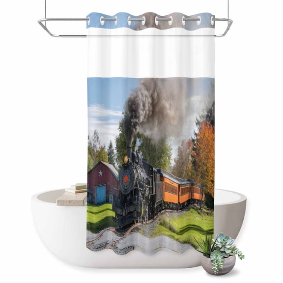 No Hook Shower Curtain, Steam Train Shower Curtains for Bathroom with See Through Top Window, Railroad Country Barn Rustic Trees Farmhouse Waterproof & Washable Bath Curtain Stand Up Stall 36"x72"