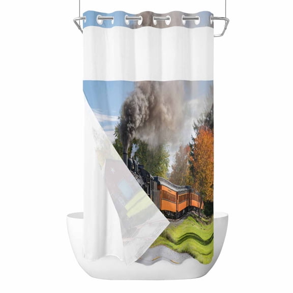 No Hook Shower Curtain, Steam Train Small Shower Curtains with Snap in Liner, Railroad Country Barn Rustic Trees Farmhouse Waterproof Washable Fabric Bathroom Curtain Sets, 36"W x 78"L