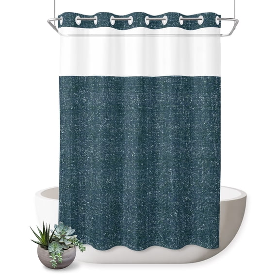 No Hook Shower Curtain, Steel Blue Coastal Shower Curtains for Bathroom with See Through Top Window, Farmhouse Vintage Solid Color Waterproof & Washable Bath Curtain Stall 48"x72"