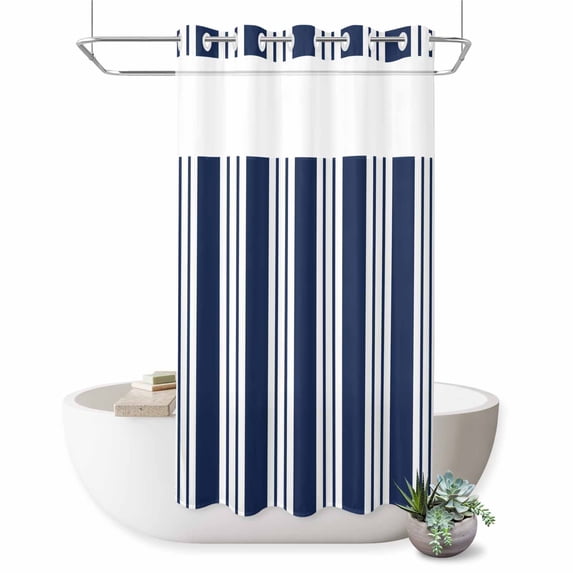 No Hook Shower Curtain, Striped Navy Blue Shower Curtains for Bathroom with See Through Top Window, Farmhouse Line Stripes Classic Waterproof & Washable Bath Curtain Small Stall 36"x78"