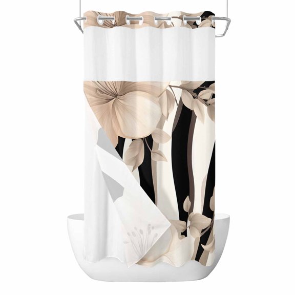 No Hook Shower Curtain, Stripes Floral Small Shower Curtains with Snap in Liner, Spring Flower Zebra Animal Pattern Floral Waterproof Washable Fabric Bathroom Curtain Sets, 36"W x 78"L