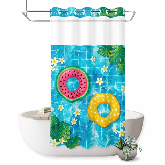 No Hook Shower Curtain Summer Beach Swimming Ring Shower Curtain for Bathroom Palm Leaves Pool Bath Curtains Waterproof Fabric with See Through Top Window for Spa Hotel 36x72 Inch