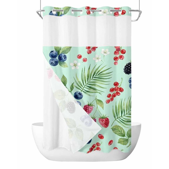 No Hook Shower Curtain, Summer Berry Small Shower Curtains with Snap in Liner, Botanical Blueberry Raspberry Flowers Leaves Waterproof Washable Fabric Bathroom Curtain Set, 36" x 78"