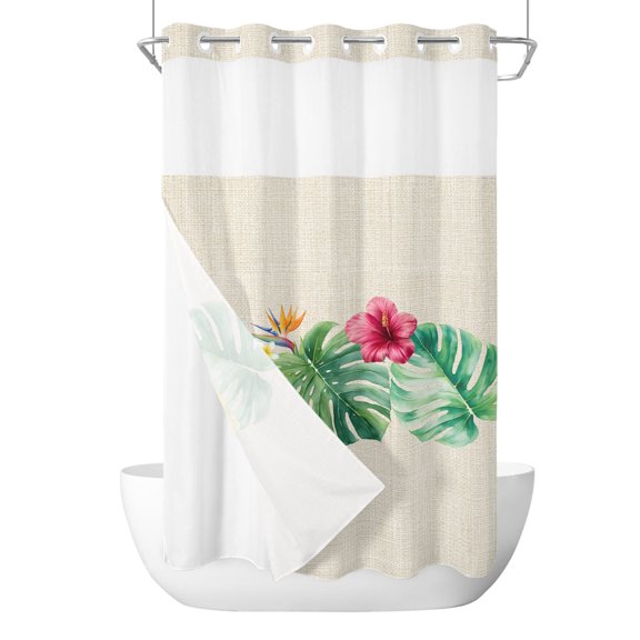 No Hook Shower Curtain, Summer Botanical Small Shower Curtains with Snap in Liner, Tropical Monstera Spring Floral Rustic Waterproof Washable Fabric Bathroom Curtain Set, 36" x 72"