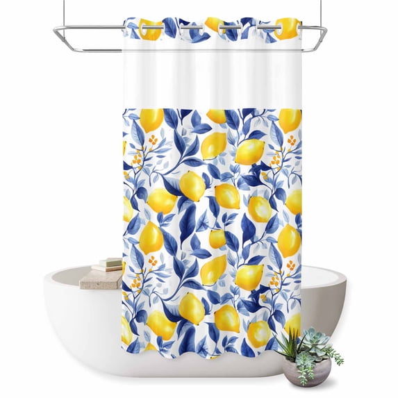 No Hook Shower Curtain, Summer Lemon Shower Curtains for Bathroom with See Through Top Window, Watercolor Yellow Blue Garden Floral Waterproof & Washable Bath Curtain Narrow 54"x78"