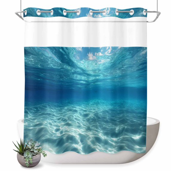 No Hook Shower Curtain, Summer Ocean Shower Curtains for Bathroom with See Through Top Window, Blue Underwater Natural Landscape Waves Waterproof & Washable Bath Curtain Long 72"x78"