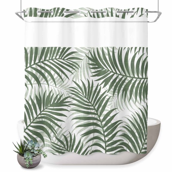 No Hook Shower Curtain Summer Palm Leaves Shower Curtain for Bathroom Green Tropical Leaf Plant Bath Curtains Waterproof Fabric with See Through Top Window for Spa Hotel 72x72 Inch
