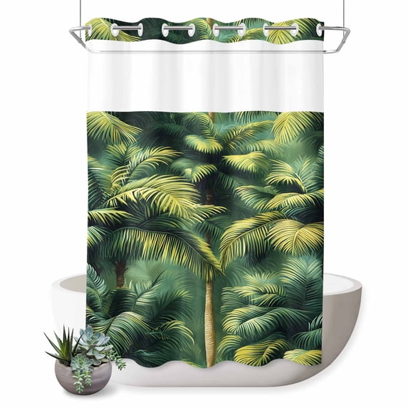 No Hook Shower Curtain, Summer Palm Tree Shower Curtains for Bathroom with See Through Top Window, Nature Green Tropical Plant Leaves Waterproof & Washable Bath Curtain Stall 48"x72"