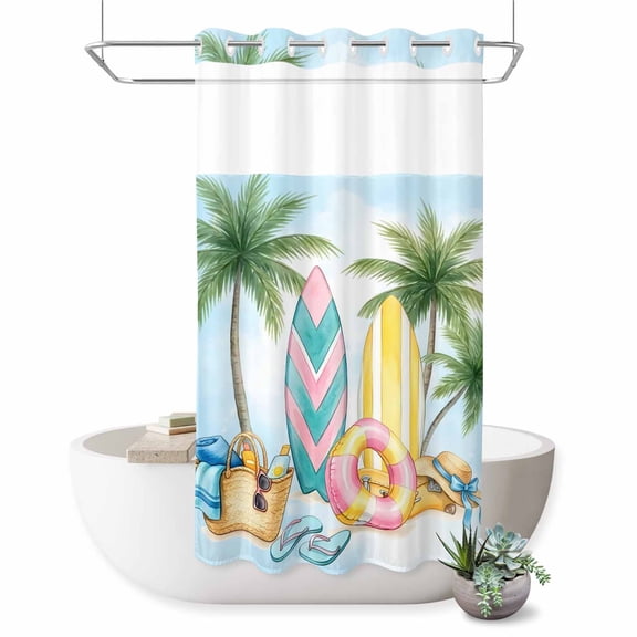 No Hook Shower Curtain Summer Palm Trees Shower Curtain for Bathroom Beach Hat Bag Surfboard Bath Curtains Waterproof Fabric with See Through Top Window for Spa Hotel 36x72 Inch